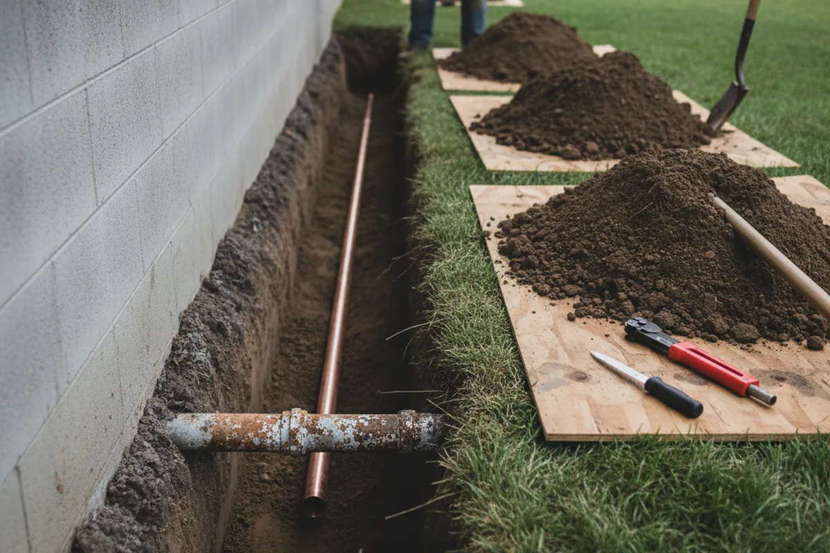 Excavated water line trench during Water Heater Repair in Huntley
